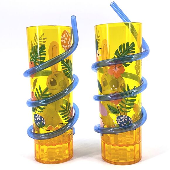 Disney Stitch Easter Bunny Bendy Straw Cup Set Of 2 Hawaiian Tiki Print Drink - Picture 2 of 5